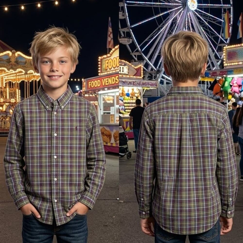 Polo Ralph Lauren Green Plaid Checked Button Long Sleeve Shirt Boys Size 7